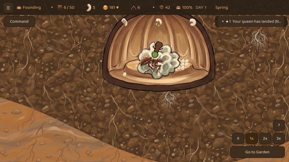Broodgarden: the queen's first chamber, dug into the soil, with the fungus garden beside her