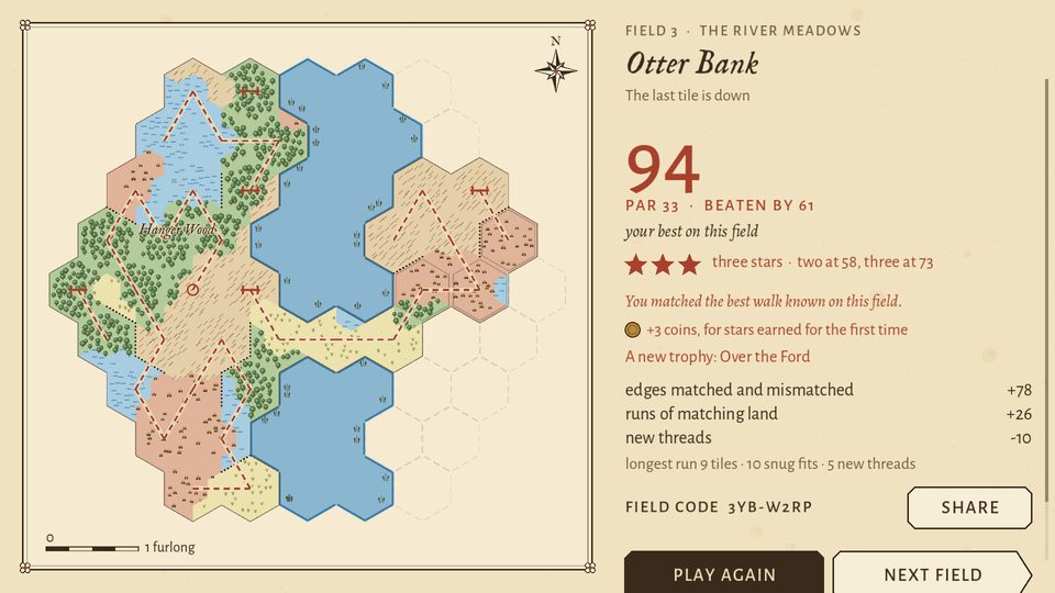 Shirewalk: a finished field of hex tiles, meadow, wood, water and village, with its score beside it