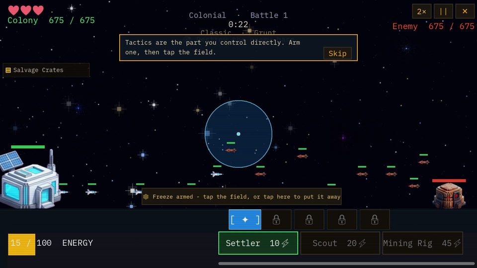 A War of Inches battle: the colony's base on the left, the enemy's on the right, units meeting in the middle